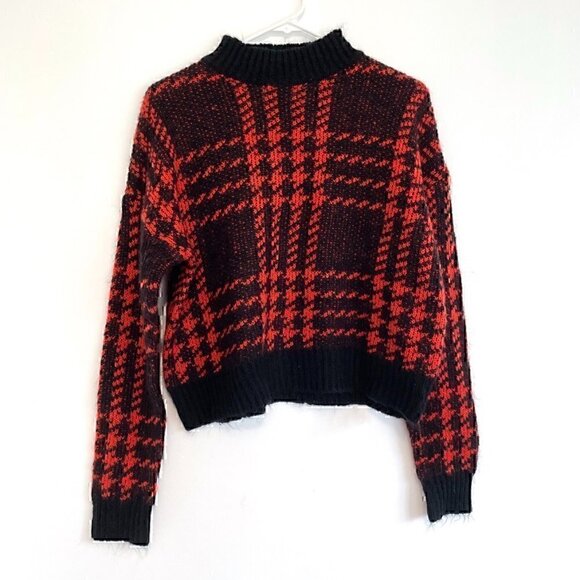 FASHION NOVA Plaid for You Sweater Black Red Mock Neck Cropped Crop Boxy Small S - Picture 2 of 12